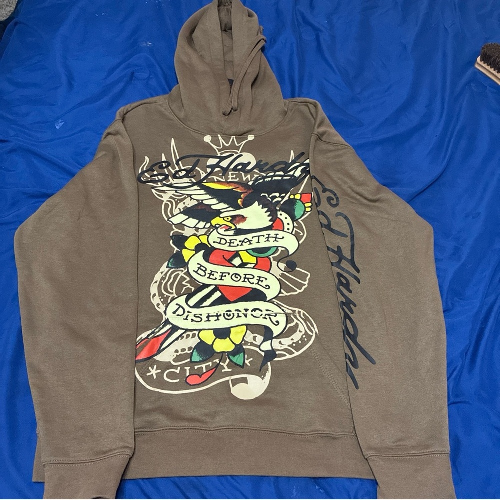 Ed Hardy Brown Hoodie with Colorful Graphic
